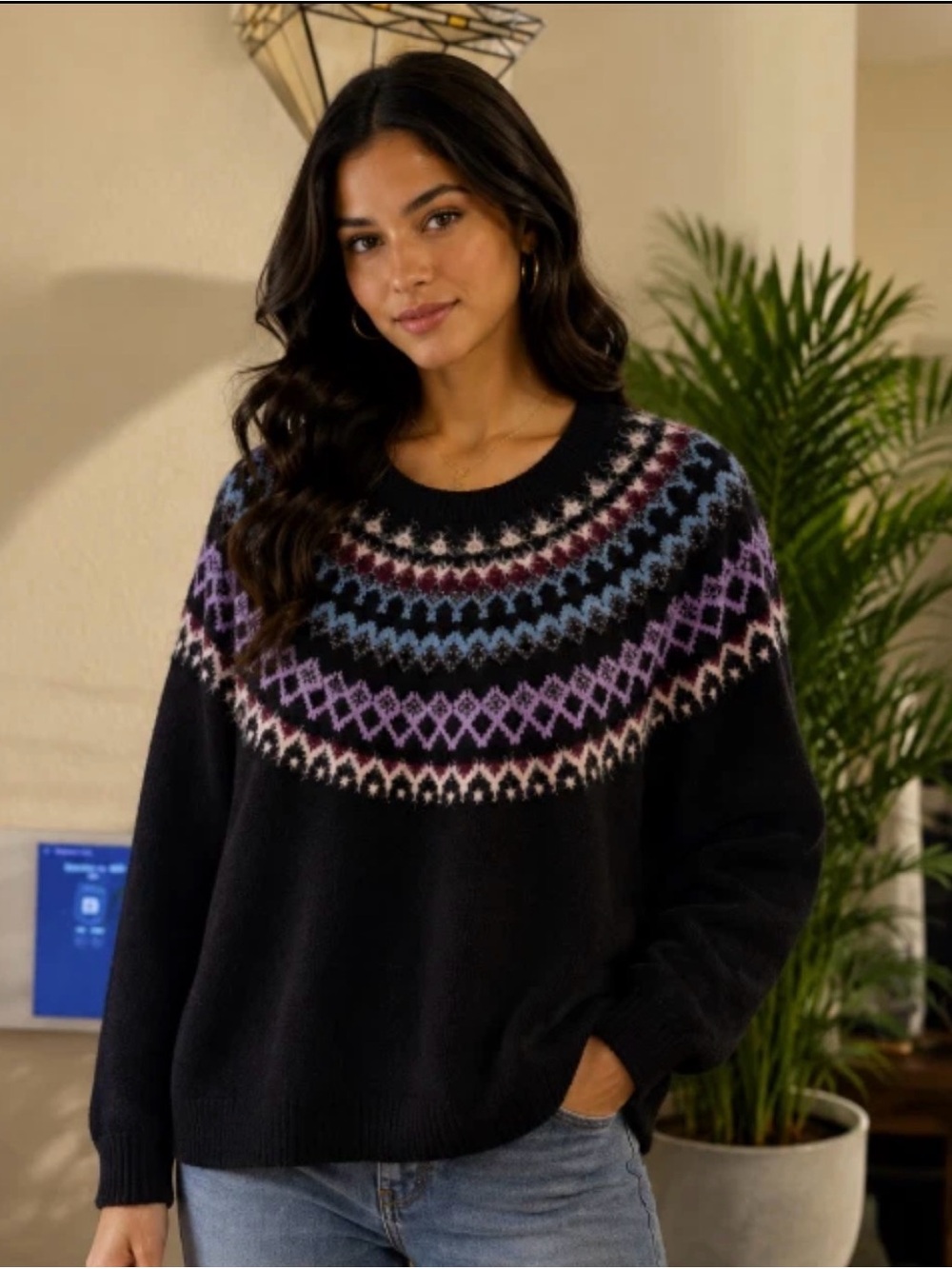 J.Jill Petite L Fair Isle Nordic Sweater Black Purple Blue